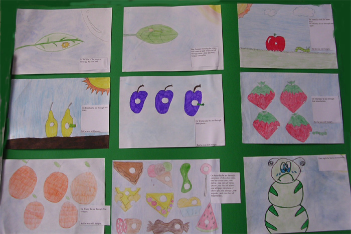 cartellone che riassume la storia:The very hungry caterpillar